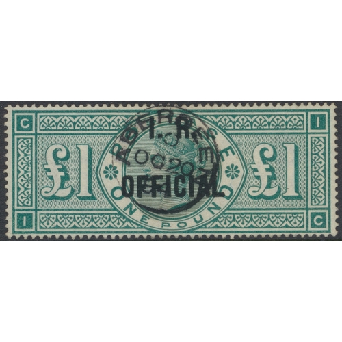 Officials. 1882-1901 £1 green I.R. OFFICIAL wmk Crowns, used with clean and central ABERDEEN/O/OC 20/94 cds cancel. Few pencil markings on reverse but otherwise a very fine and fresh example of this desirable issue. (SG O16) Cat £2000 (S)