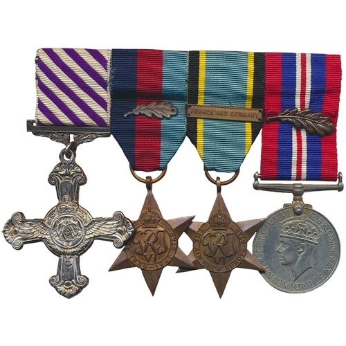 DFC group attributed to Flight Lieutenant Arthur. J. Ward (160719) with DFC, 1939-45 Star (with oaf leaf), Air Crew Europe Star (with France and Germany clasp), BWM (with oak leaf) swing mounted as worn, re issued Bomber Command clasp in box of issue with receipt from MOD Medal Office dated 24/09/2013, plus miniatures group with DFC, 1939-45 (with oak leaf), Africa, Air Crew Europe Stars, Defence Medal, BWM swing mounted as worn. 

Flt Lt Ward was a wireless operator for the infamous 617 squadron, prior to which he flew with the 467, 97 and 619 squadrons. 
While serving with 617, Ward took part in a training exercise on 20/01/44 due to operations being cancelled. The squadron was training for a planned Dams operation against an Italian Dam which, if breached, may have assisted the allied beachhead at Anzio. The Dam lay in a deep valley and the operation called for a steep dive into the valley before commencing the 60ft bomb run. The dive required was one of 1800ft in 3000 yards distance. This in a heavily laden Lancaster at night was not simple. Training started over the airfield with a theodolite recording heights and then proceeded over The Wash and water. The raid was to be flown from North Africa and Cheshire commenced an elaborate security of that involved bringing stocks of arctic clothing onto the base and spreading a rumour about a posting to Africa. In days everyone was talking about the move to Russia! While training over The Wash, O'Shaugnessy lost concentration and flew into a low hill on a beach. The Lancaster exploded killing all the crew except for Arthur Ward and Kendrick. Kendrick died later and Ward suffered a broken leg after being thrown from the crashing wreckage. The raid was cancelled for political reasons. 
Ward also took part in the successful British air raid (Operation Catechism) that sank the German battleship Tirpitz 12/11/44 and was the operator who radioed the news that it had been sunk. Ward later transferred to 15 squadron in June 1945 which was demobilised 1/11/45, Ward worked for an advertising agency post war, retiring in 1979. 

Includes transmittal slips, The Dam Busters Reunion original booklet from 1986, invite to reunion, photos, copy LG etc. extremely fine. (½B)