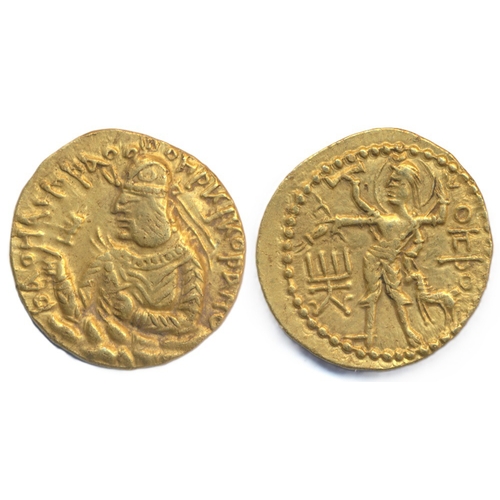 Ancient India, Kushan, Huvishka. 152-192 CE gold stater, 7.97g, obverse bust of king left, reverse four-armed haloed Siva, fine. (Y)