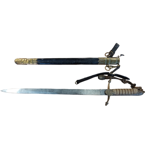 1856 Pattern naval dirk with leather scabbard and knot, 90% ornately etched, ricasso marked Gieve / Mathews Seagrove / Ltd / London / Portsmouth / Devonport, guard marked C.M.R..Schwerdt. R.N. (Believed to be the same person who in 1939 organized the nucleus of the recruiting office In Newfoundland was organized (by then Captain C.M. R. Schwerdt, CVO, RN) who was private secretary to the Governor of Newfoundland.) lion pommel, wired grip, some threading to knot, leather scabbard with brass fittings (locket marked J.R. Schwerdt), overall extremely fine plus naval whistle. (½B) BUYER MUST COLLECT.