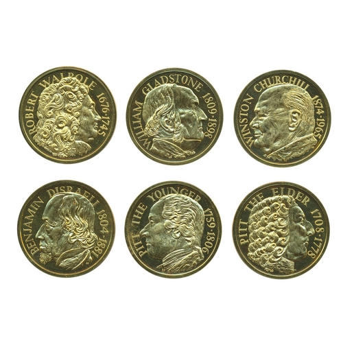 1966 'Prime Ministers of Great Britain' proof cased set of 6 22ct medallic issues FDC odd mark to fields, produced by Feuchtwanger of London, weight 35.17g each, with Robert Walpole 1676 - 1745, Pitt The Elder 1708 - 1778, Pitt The Younger 1759 - 1806, Benjamin Disraeli 1804 - 1881, William Gladstone 1809 - 1898 and Winston Churchill 1874 - 1965, in 'Medallioners' padded case. (B)
