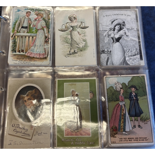 87 - Misc. coln. of vintage and modern cards in 8 albums and some loose, with artist drawn, ptd and R.P's... 