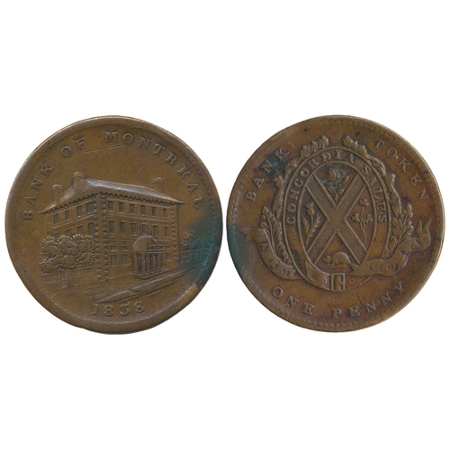Canada. Bank of Montreal 1838 "Side View" Penny Token, Verdigris patch near edge, indentation to edge on reverse, marks to field, near fine. (Y)