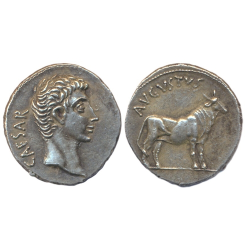 Roman. Augustus. Silver denarius 27 or 21-20 BC, obverse 'CAESAR' bare head facing right, reverse 'AVGVSTVS' heifer standing right, extremely fine. (Sear 1593) (Y)