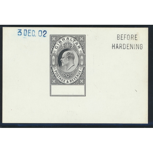 Gibraltar. 3rd December 1902 KEVII high val (used for 2/- to £1 values, undenominated) master die proof in black on glazed card. 92x60 mm dated in blue, and stamped "BEFORE/HARDENING" A rare proof, on SG purchase card. (R)