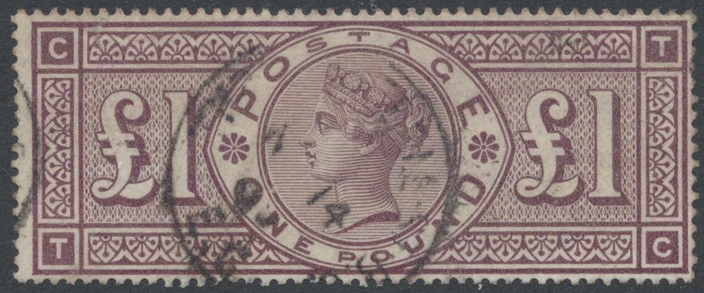 1884 wmk Three Imperial Crowns £1 brown-lilac U, with indistinct ...