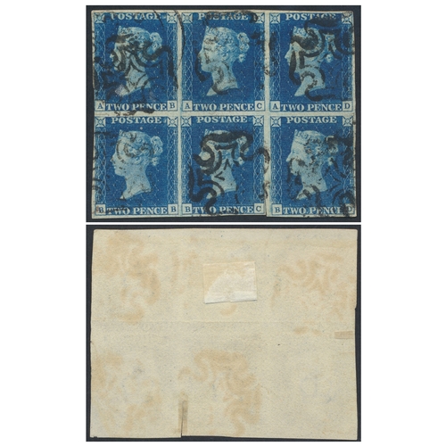 1840 2d blue block of 6 U, pl.2, AB-BD, 3-margins (very nearly 4, but just cut into at left), cancelled by several strikes of a black MC, accompanied by (2010) RPS Cert. The block has two slight cuts (into the margins) one at middle left and one towards bottom right, the cuts measuring approx. 2.5mm & 6mm respectively, also noting a minor horizontal crease, but still a very fine rare item of good colour with fairly neat cancellations, a most attractive item. (SG5) Cat £5,850 (as singles, though SG Spec. prices a used block of 4 of this issue [DS8] at £22,000. Blocks of 6 are not listed). (S)