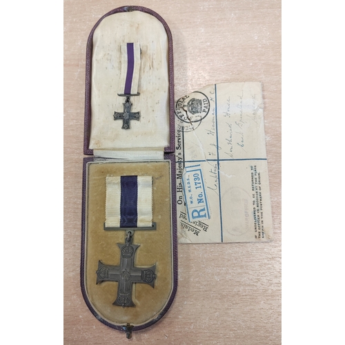 16 - WW1 Military Cross un-named as issued, presented in original case, tarnishing to reverse, plus minia... 