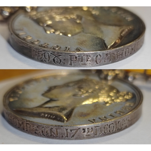 7 - 1879 South Africa Medal 1879 clasp to 1598 Pte C. Thompson. 17th Dco.Lrs, light edge knocks otherwis... 