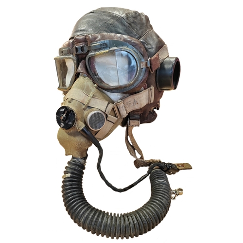 WW2 RAF C-Type flying helmet, H-Type oxygen mask and Mk VIII flying goggles, general wear and tear, mixed condition. (½B)