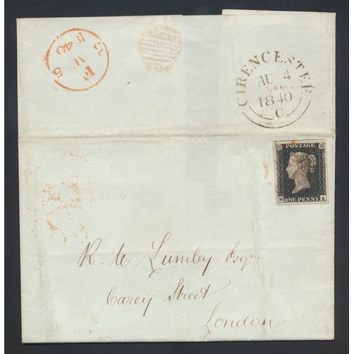 178 - QV seln 6 entires bearing 1840 1d blacks (4-margin examples, all pl.4). With Aug 1840 Cirencester to... 