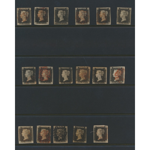 179 - A varied condition used range (of 18) 1840 1d blacks, various plates and margins, one which is accom... 