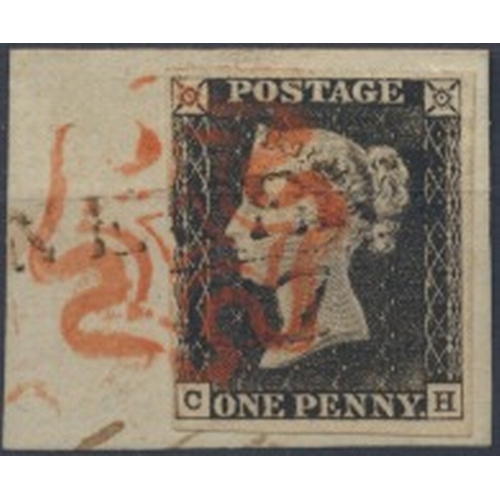 1840 1d black pl.1a, CH, used on piece, tied by both a neat red MC and a Newent mileage mark. A really rare item. (SG2) Cat £425 (S)