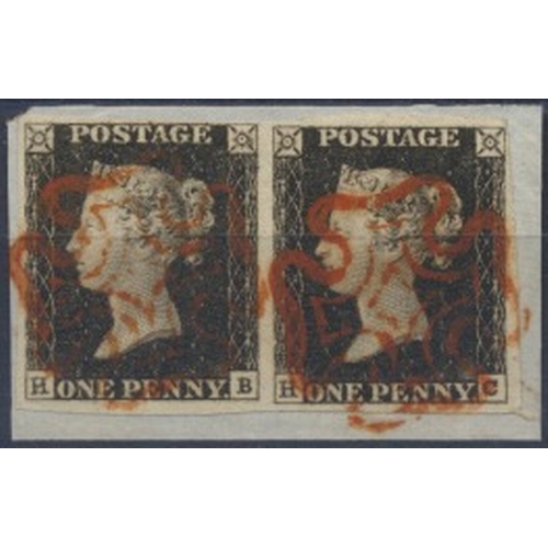 183 - 1840 1d intense black FU pair on piece, Pl.1a, HB-HC, four-margins (three are large to very large), ... 