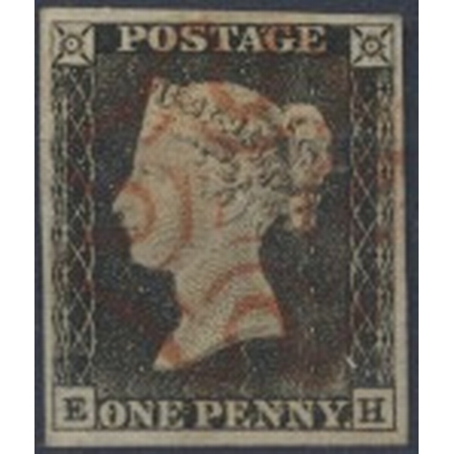 184 - 1840 1d black U, pl.1a, EH, four very fine to superb margins, cancelled by a very light red MC. Has ... 