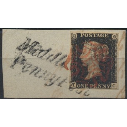 185 - 1840 1d black, pl.1b, TC, used on piece with four margins, tied by both a red MC and black Middleham... 