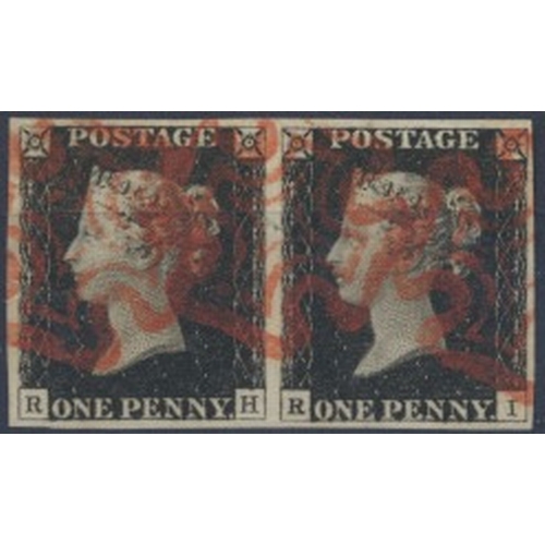 186 - 1840 1d black used pair, pl.1b, RH-RI, with four margins and several strikes of a red MC. A fine pai... 