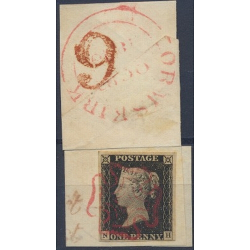 187 - 1840 1d black, Pl.2, NH, used with four-margins, tied to a large (folded) piece by an extremely neat... 