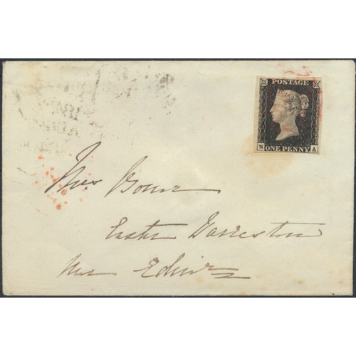 189 - August 1840 1d black cover to Edinburgh bearing pl.4, NA, 4-margins, cancelled by Aberdeen ruby MC. ... 