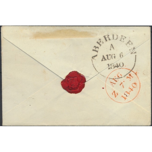 189 - August 1840 1d black cover to Edinburgh bearing pl.4, NA, 4-margins, cancelled by Aberdeen ruby MC. ... 