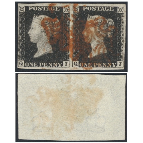 190 - 1840 1d black FU horizontal pair, pl.4, QI-QJ, 4-margins (very large margins top and bottom, very cl... 