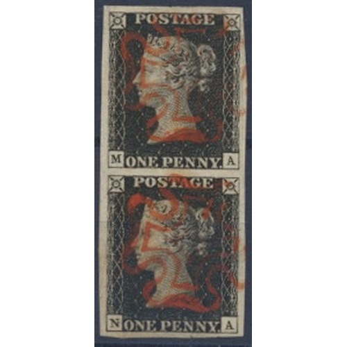192 - 1840 1d black superb four-margins used vertical pair, pl.7, MA-NA, cancelled by two neat strikes of ... 