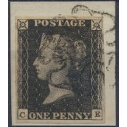 A superb used pl.11 1840 1d black, on piece, CE, cancelled by very neat black MC. (SG2) Cat £4500 (S)