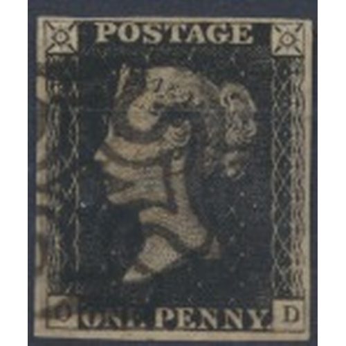 194 - 1840 1d black, pl.11, OD, FU with neat black MC. 4-margins (3 are very fine). (SG2) Cat £4500 (S)