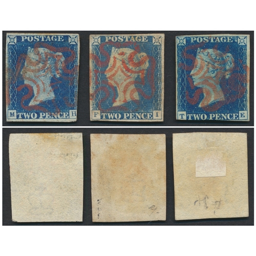196 - 3x 1840 2d blue red MC used examples, with a 4-margin example (with vertical filing-fold crease), pl... 