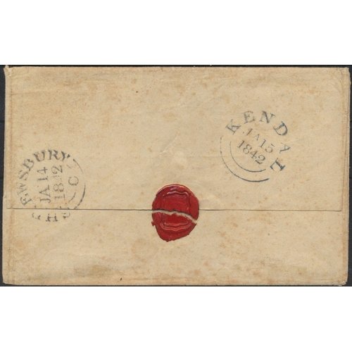 197 - January 1842 Shrewsbury to Sedbergh, Kendal wrapper bearing a 4-margin 1840 2d blue, NB, neatly canc... 