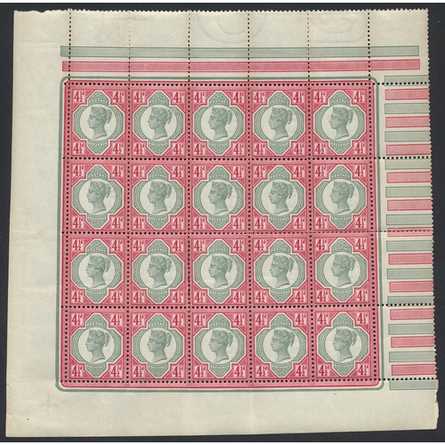 221 - 1887-92 4½d green and carmine in left corner marginal pane of 20 complete with selvedge, UM (mounted... 