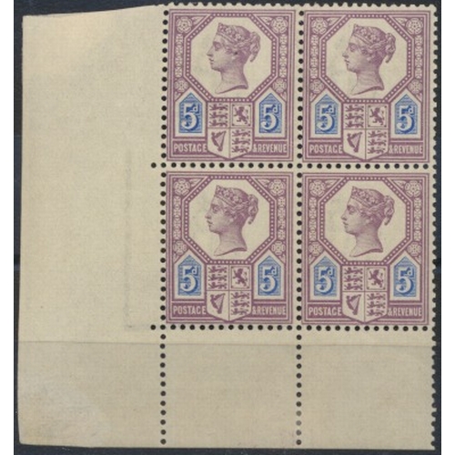 222 - 1887-92 Die I 5d bottom corner marginal block of 4 M/UM (top 2 stamps are mounted, bottom two are UM... 