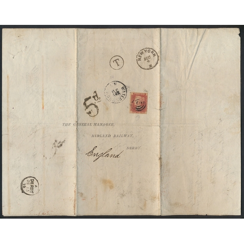 An unusual 1875 Derby to Tompkins County, New York, entire formed of a Midland Railway printed character questionnaire. Posted November 8th 1875, the completed questionnaire has been re-folded and returned to Derby, and bears Waterburgh and New York CDSs (29th November and 4th December respectively), and, notably the additional 1d red is cancelled by a USA target-cancellation. Receiving CDS for Derby dated 15th December, alongside a UK hand struck "5d" applied for coln of transatlantic postage due. A highly distinctive, rarely seen unusual item, which is accompanied by an SG purchase card. (L)