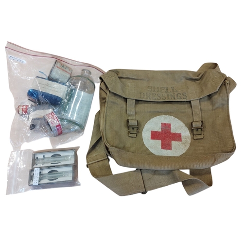104 - WW2 British shell dressings bag, 1943 date stamp, excellent condition, plus medical syringes, ether ... 