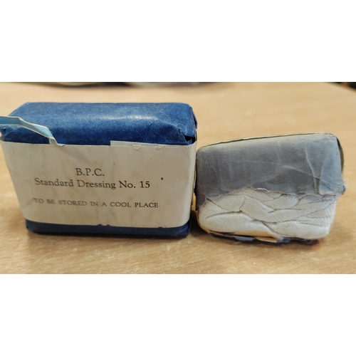104 - WW2 British shell dressings bag, 1943 date stamp, excellent condition, plus medical syringes, ether ... 