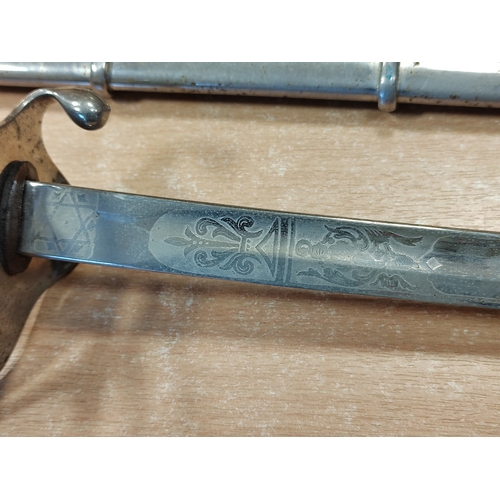 60 - M1902 officers sword with French hanger, blade and back of blade 80% ornately etched, ricasso marked... 