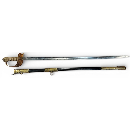 61 - 1827 Pattern Naval officers sword with leather scabbard by Wilkinson Sword, minor pitting and knicks... 