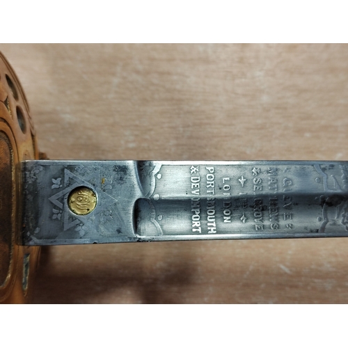 61 - 1827 Pattern Naval officers sword with leather scabbard by Wilkinson Sword, minor pitting and knicks... 