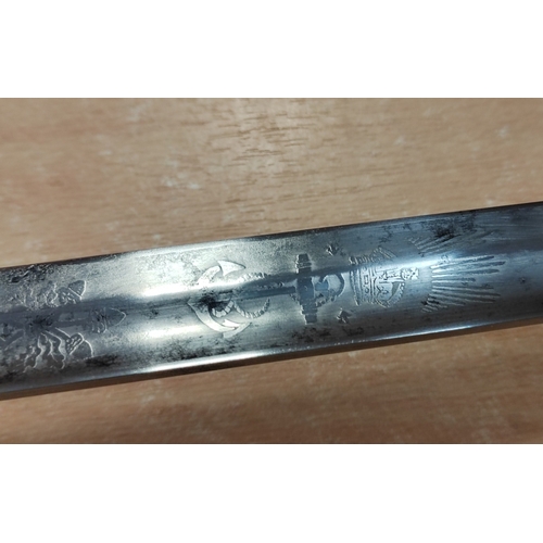 61 - 1827 Pattern Naval officers sword with leather scabbard by Wilkinson Sword, minor pitting and knicks... 