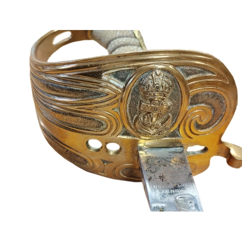 61 - 1827 Pattern Naval officers sword with leather scabbard by Wilkinson Sword, minor pitting and knicks... 