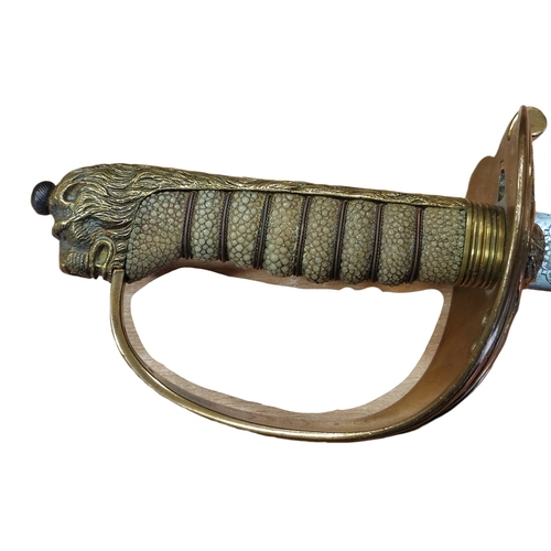 61 - 1827 Pattern Naval officers sword with leather scabbard by Wilkinson Sword, minor pitting and knicks... 