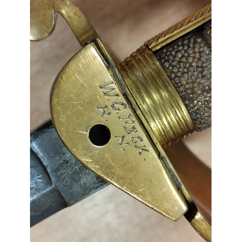 63 - 1827 Pattern Naval officers sword with leather scabbard, belonged to William Godfrey Peck was a surg... 