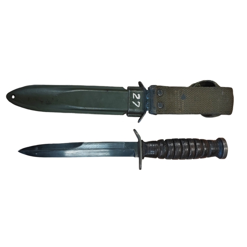 69 - U.S. M3 trench knife with M8 scabbard, blade marked U.S M3 Kinfolks,Inc., markings to pommel, scabba... 