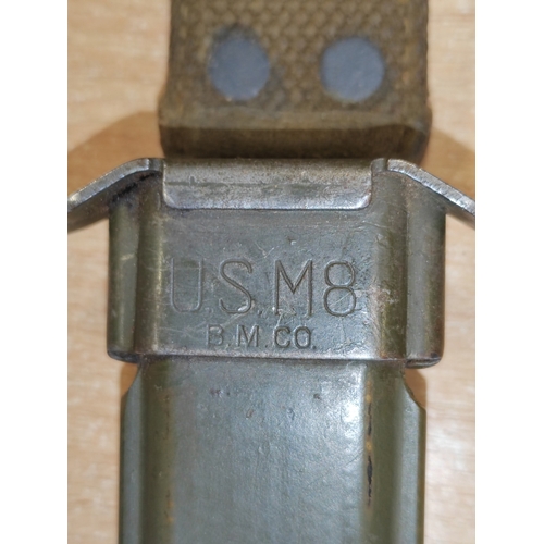 69 - U.S. M3 trench knife with M8 scabbard, blade marked U.S M3 Kinfolks,Inc., markings to pommel, scabba... 