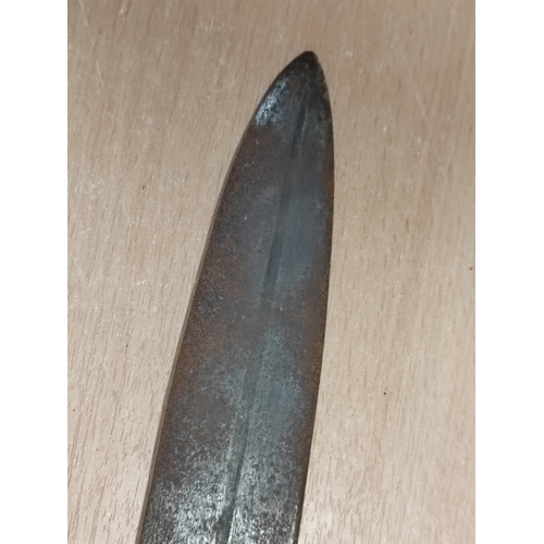 71 - Dominican Republic Kaskara sword with leather scabbard, 80% ornately etched blade with patterns and ... 