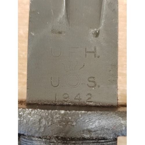 72A - M1 Garand bayonet-knife with scabbard, knicks to blade, ricasso marked U.F.H. U.O.S. 1942, scabbard ... 