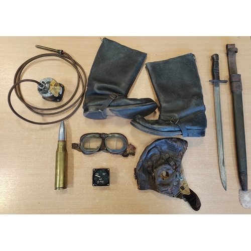 74 - WWII RAF type-c with goggles, wiring loom, engine gauge, and boots, also includes 1913 Pattern Remin... 