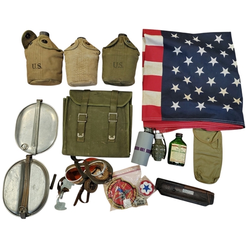 75 - U.S. WW2 collection including canteens with pouches (2 with cups, 1 without), U.S. mess tin (dated 1... 