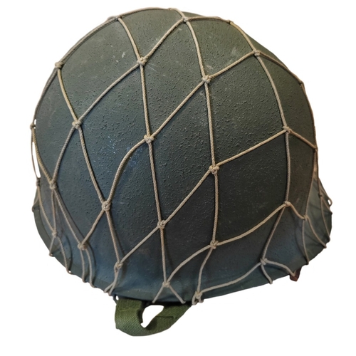 96 - U.S. M1 Helmet with swivel bale, netting and liner, inner material straps marked W-199-QM 39934 VOGT... 