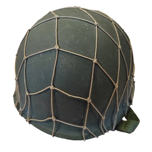 96 - U.S. M1 Helmet with swivel bale, netting and liner, inner material straps marked W-199-QM 39934 VOGT... 